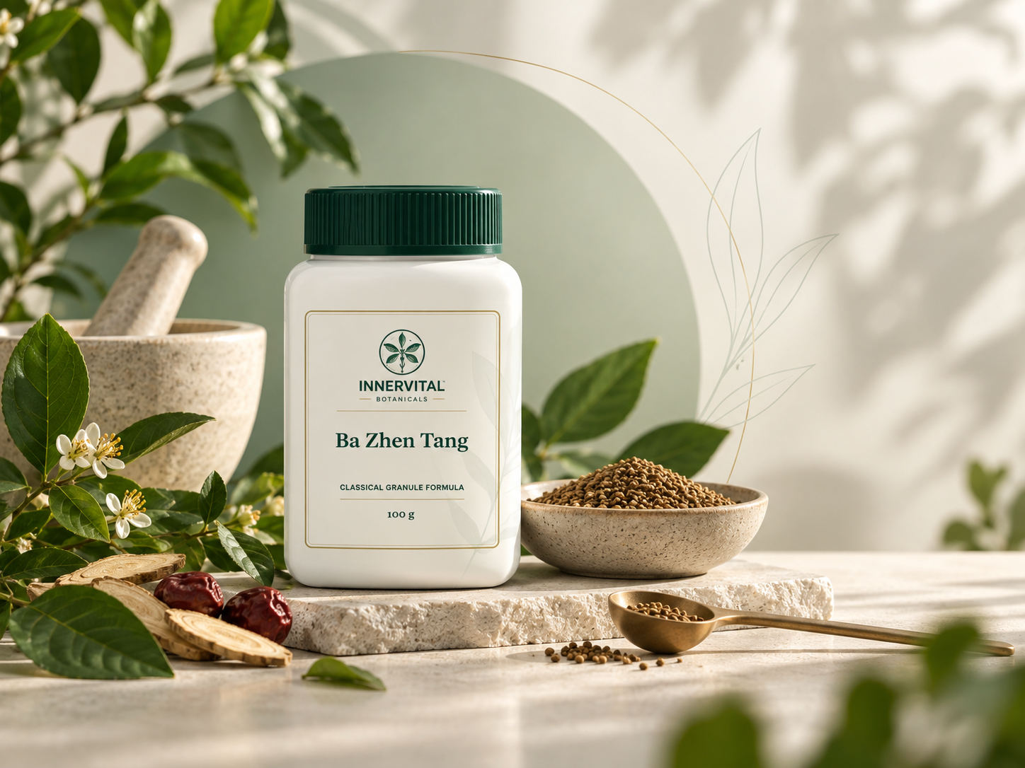 InnerVital Ba Zhen Tang granules displayed with traditional botanical ingredients